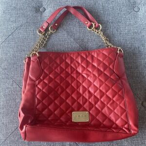 BEBE Evie Top Handle Quilted Faux Leather Shoulder Bag Purse Red Gold Chain